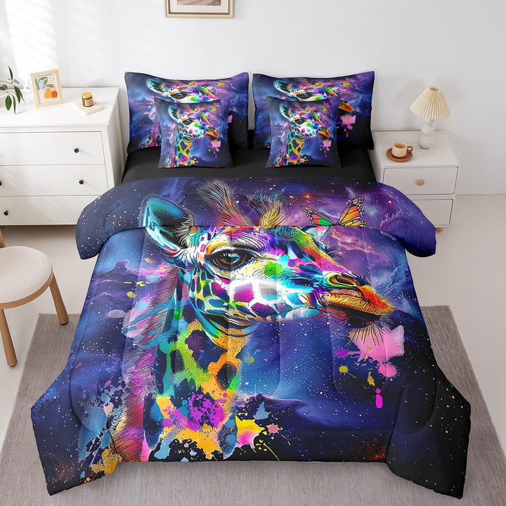 Erosebridal Watercolor Giraffe Bed in a Bag 7pcs Purple Navy Blue Bedding Set, Woodland Wildlife Twin Size Comforter Set Cute Animal Bedding Comforter Sets, Glitter Stars Galaxy Bed Set