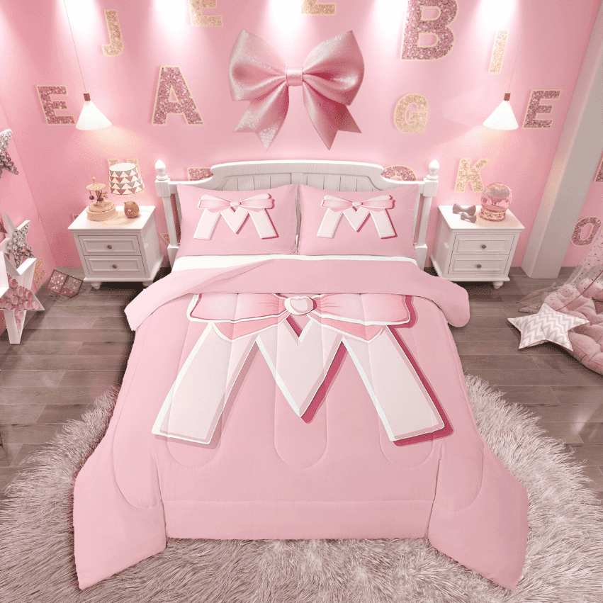 Manfei Girls Cartoon Ribbon Bow Initial M 3pcs Full Comforter Set - Dreamy Princess Style