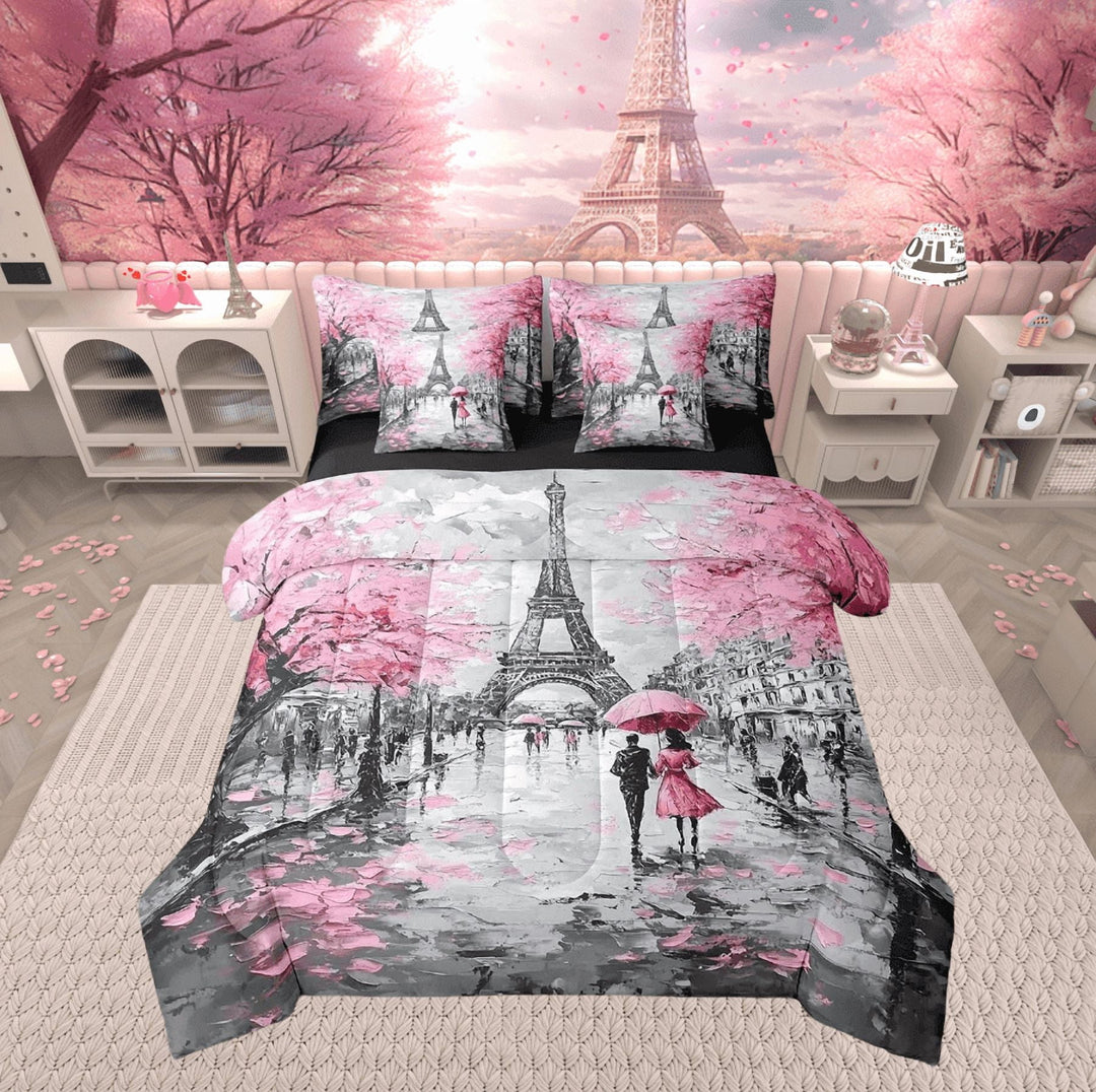 Erosebridal Paris Comforter Set with Sheets Pink and Gray Eiffel Tower 7 Piece Bedding Set Watercolor Pink Cherry Blossoms Bed in a Bag Romantic Valentine Bed Set Twin Size