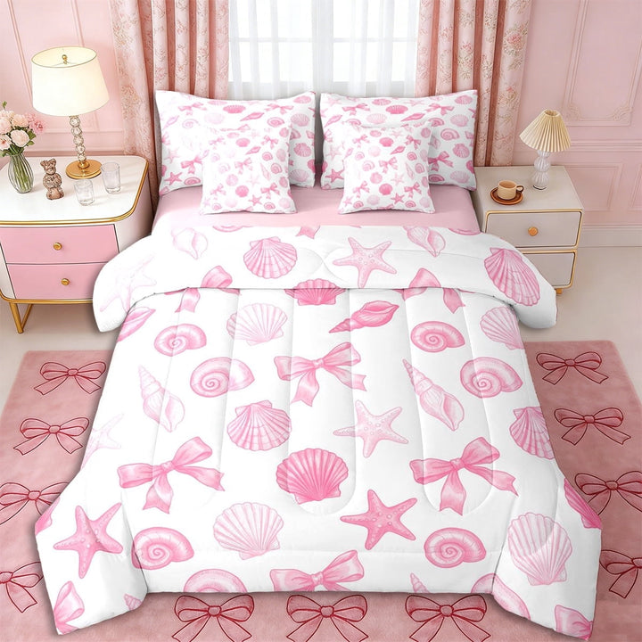 Erosebridal Sea Starfish Bow Knot Twin Bedding Sets 7-Piece for Girls,Ocean Theme Princess Bow Bedding Comforter Set for Teens Adults,Pink Reversible,Super Cozy Room Decor