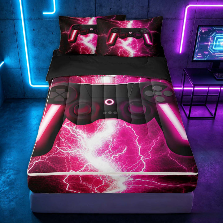 meiyoeat Neon Lightning Gaming Zipper Full Size Comforter Sets with Fitted Sheet and 2 Pillowcases for Boys Girls, Electric Gamer Zipper Bedding Set, Pink, Black Reversible