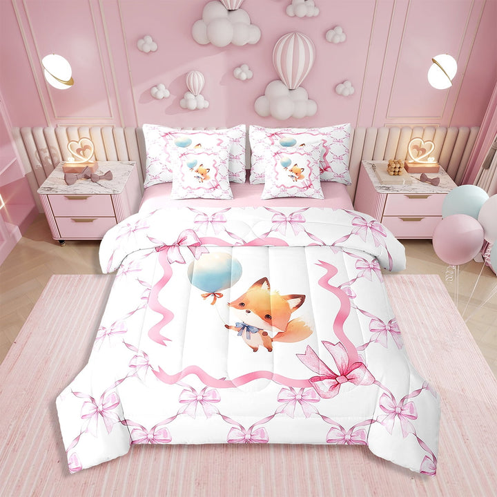 Erosebridal Kawaii Bowknot 7 Piece Bedding Sets Pink Animal Comforter Bed in a Bag Bow Knot Printed Quilt with Sheet Set,Teen Bedroom Decor,Twin 7Pcs