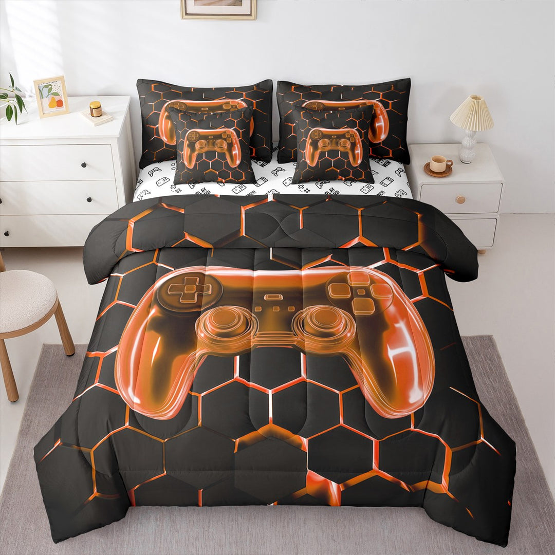Erosebridal Gamepad Print Bedding Sets Twin Size, Neon Orange Comforter Sets with Sheets, Geometric Stripe Decor, Reversible 7pcs