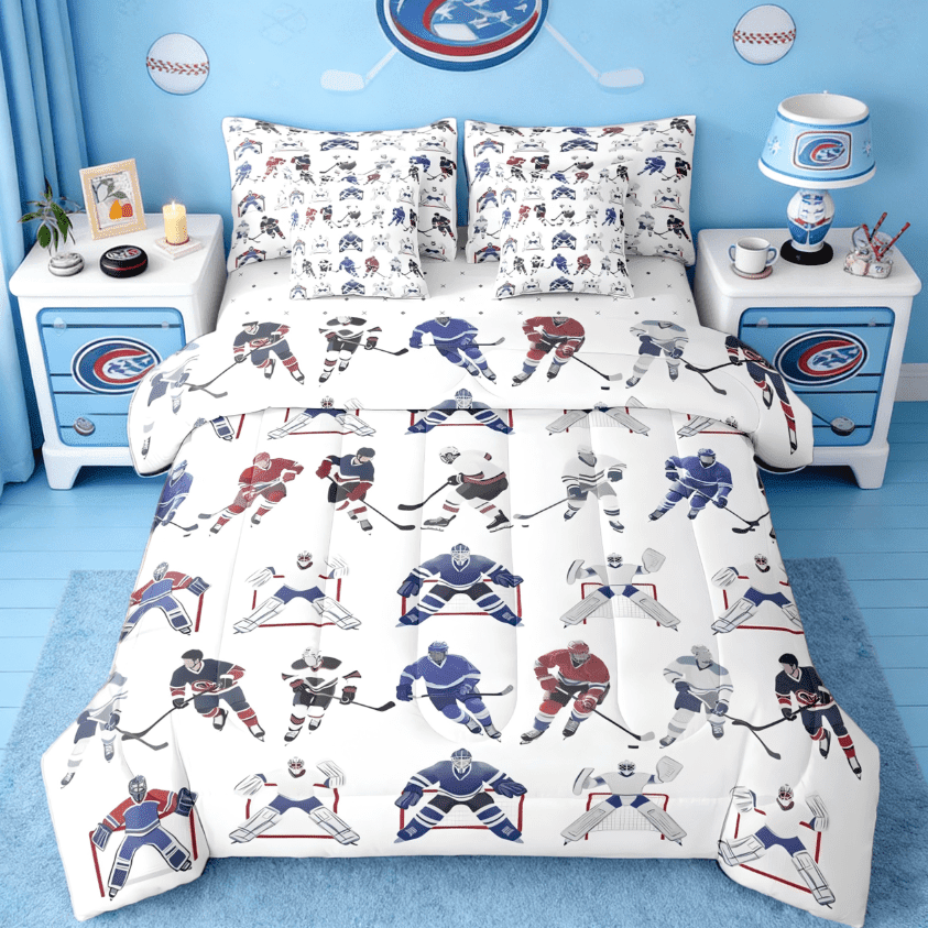 Manfei Ice Hockey 7 Pieces Bedding Comforter Set For Boys Youth Hockey Player,Sports Game Winter Sports Full Bedding Set Reversible