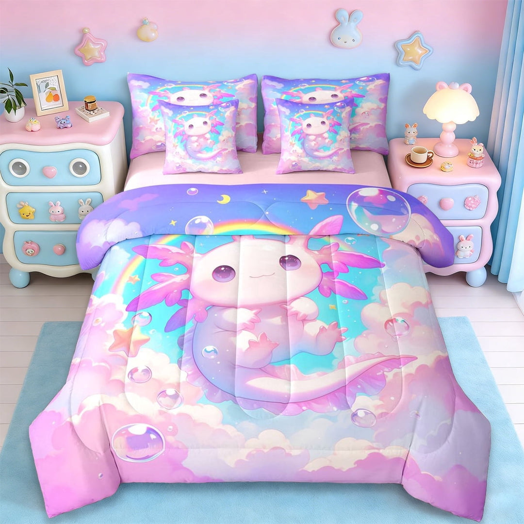 Erosebridal Cute Animals Axolotl 7-Piece Twin Bedding Sets,Kawaii Rainbow Stars Bedding Comforter Set For Girls Kids,Reversible
