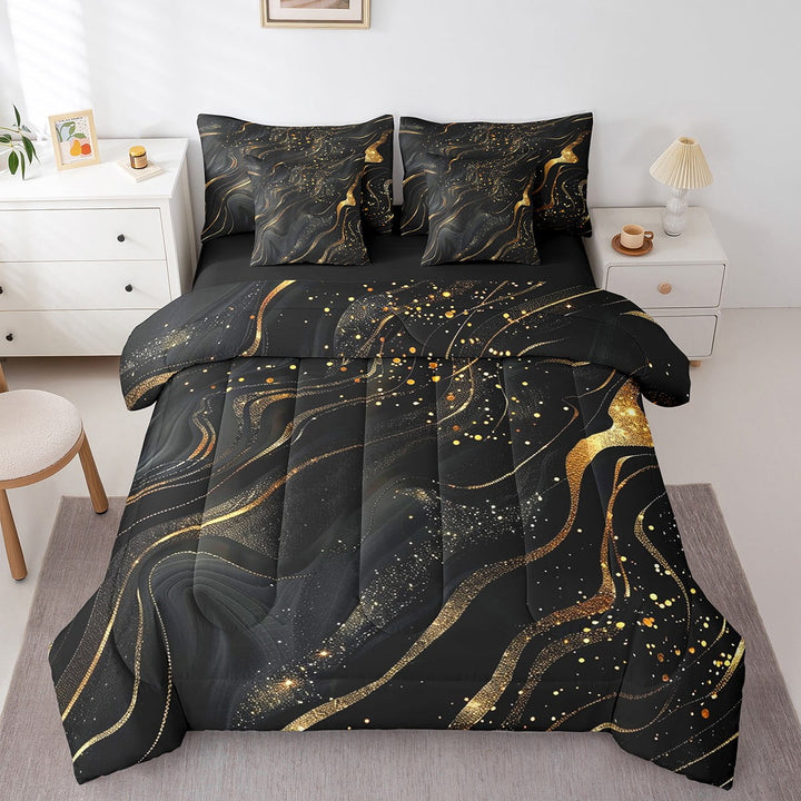 Erosebridal Gold Splashing Ink Bedding Queen Size,Abstract Stone Texture Comforter Sets with Sheets,Modern Aesthetic Marbling Bedding Sets Queen Size,Microfiber Bedroom Decor Reversible,7pcs