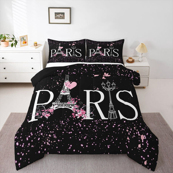 Eiffel Tower Comforter Set Chic Paris Bedding Set Romantic Theme Comforter Teens Black Pink Bedroom Decor Modern French Style Duvet Set Full Size with 2 Pillow Case