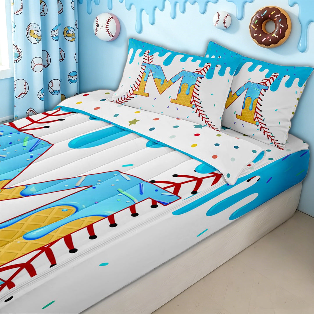 meiyoeat Ice Cream Baseball Dripping Zipper Twin Comforter Sets with Fitted Sheet and 2 Pillowcases for Kids, Initial M Letter Zipper Bedding Set, Blue Yellow, Polkadot Reversible, 4-Piece