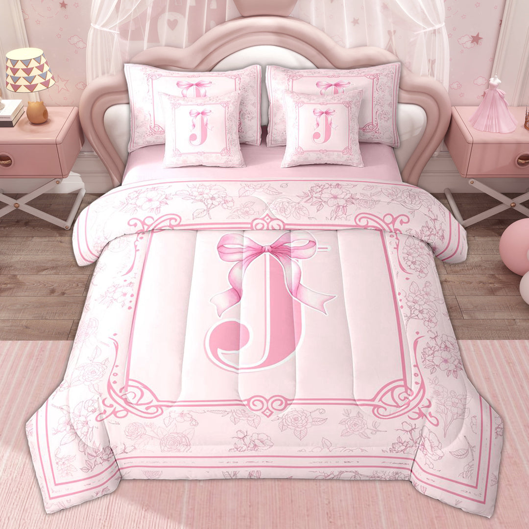 Erosebridal Initial Letter J Twin Bedding Sets, Cartoon Bowknot Flower Bedding Comforter Set, Pink Reversible, 7 Pieces
