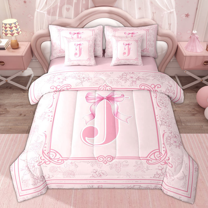 Erosebridal Initial Letter J Twin Bedding Sets, Cartoon Bowknot Flower Bedding Comforter Set, Pink Reversible, 7 Pieces