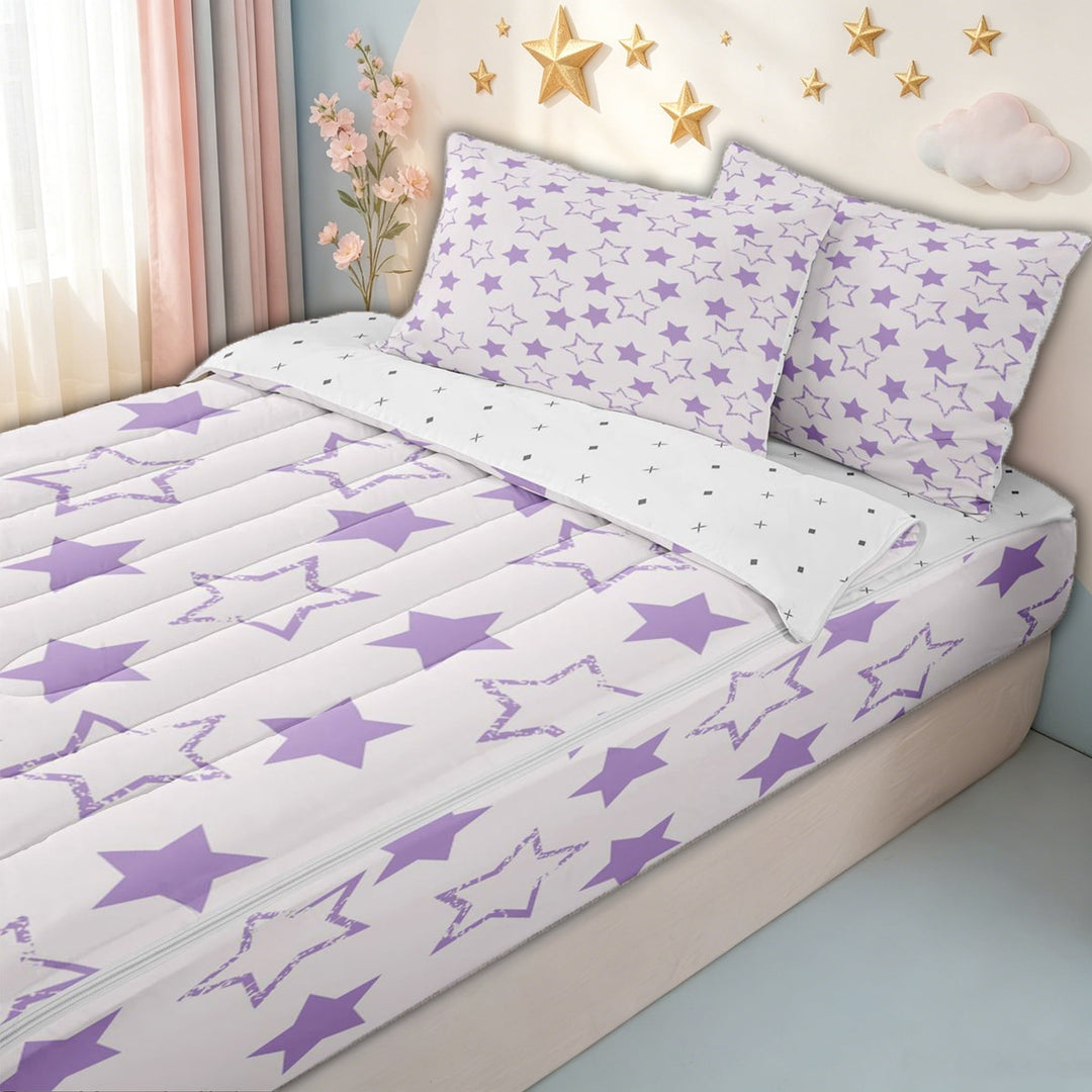 meiyoeat Cartoon Stars Zipper Full Size Comforter Sets with Fitted Sheet and 2 Pillowcases for Kids Girls, Dreamy Galaxy Zipper Bedding Set for Bedroom, Purple White, ReversibleG