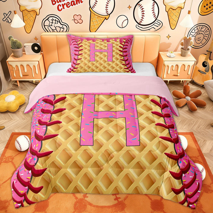Erosebridal Ice Cream Letter H Twin Comforter Sets for Kids, Baseball Print Bedding Set, Pink, 2pcs