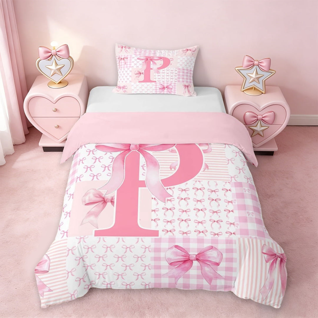 Erosebridal Bow Knot Initial Alphabet P Twin Bedding,Pink Patchwork Geometric Plaid Duvet Cover Set For Kids Girls,Pink Reversible,2 Pieces(No Comforter)