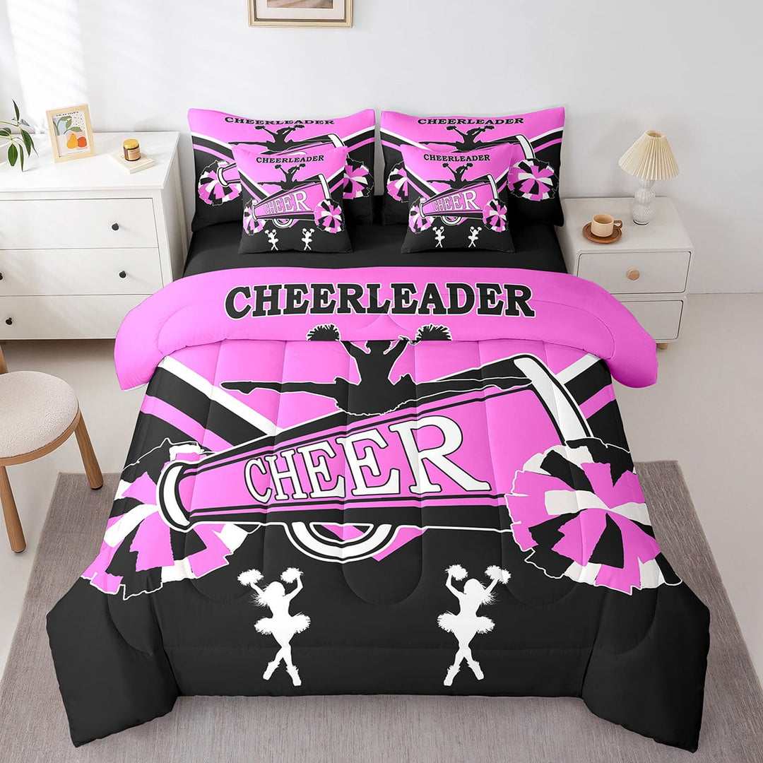 Cheerleading Bedding Comforter Sets 7 Pieces Dance Princess Bed in a Bag for Girls, Kawaii Cheerleader Queen Bedding Sets Black and Pink Comforter Set, Cheerleading Pompoms Print Bedding Sets