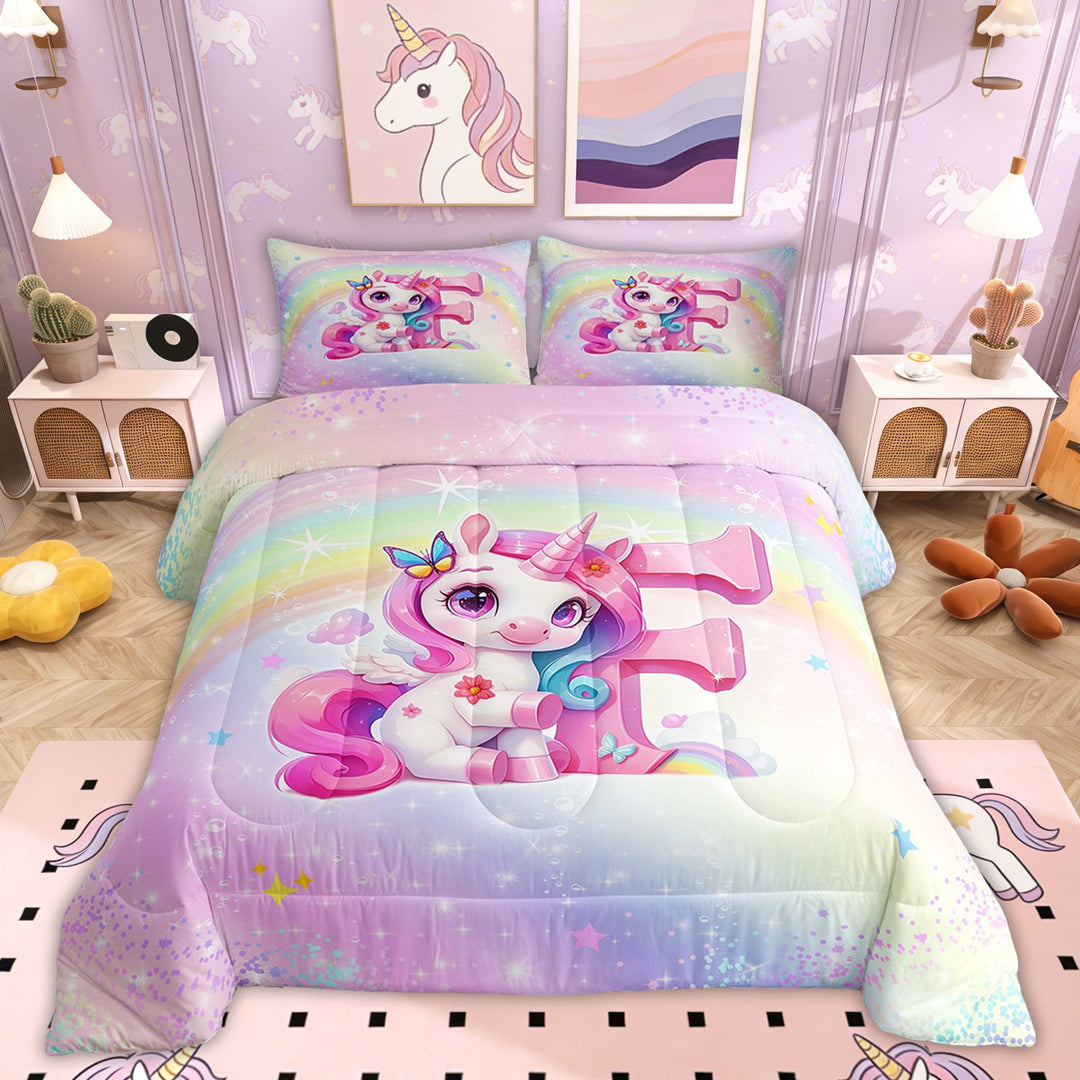 Erosebridal Girly Unicorn Bedding Sets Twin with Comforter, Romantic Initial F Duvet Insert, Kawaii Rainbow Decor, Reversible