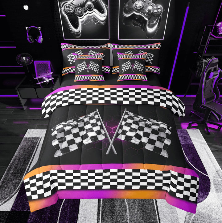 Erosebridal Checkered Flag Bedding Twin Size, Racing Car Bedding Sets Twin Size, Geometric Decor, Reversible 7 Pieces