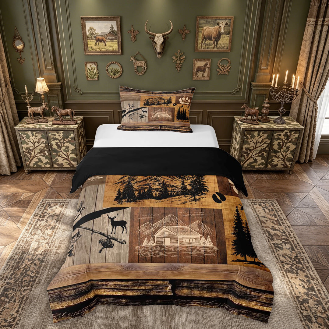meiyoeat Rustic Forest Fishing Bedding for Men, Wooden Lake House Duvet Cover Full, Brown, Black Reversible, 3 Pieces, 1 Duvet Cover and 2 Pillowcases