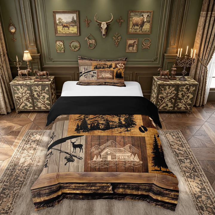 meiyoeat Rustic Forest Fishing Bedding for Men, Wooden Lake House Duvet Cover Full, Brown, Black Reversible, 3 Pieces, 1 Duvet Cover and 2 Pillowcases