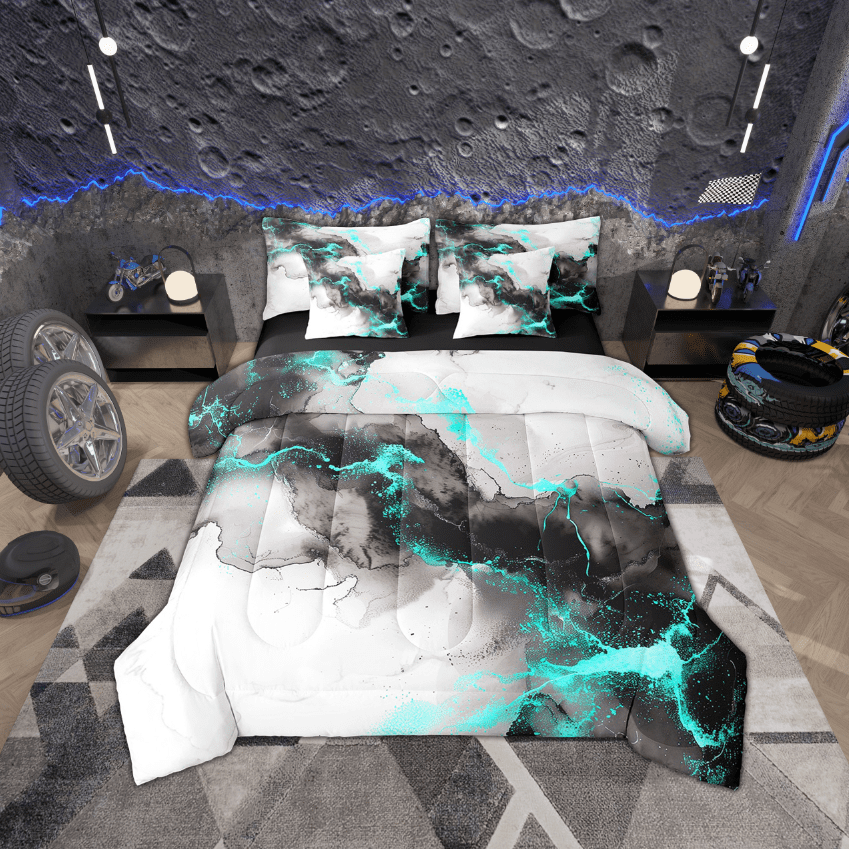 Erosebridal 7pcs Black and Grey Teal Bedding Queen Size Marble Aesthetic Comforter Set, Modern Marbling Bedding Comforter Sets Watercolor Foil Print Bed in a Bag, Stone Pattern Bedding Accessories