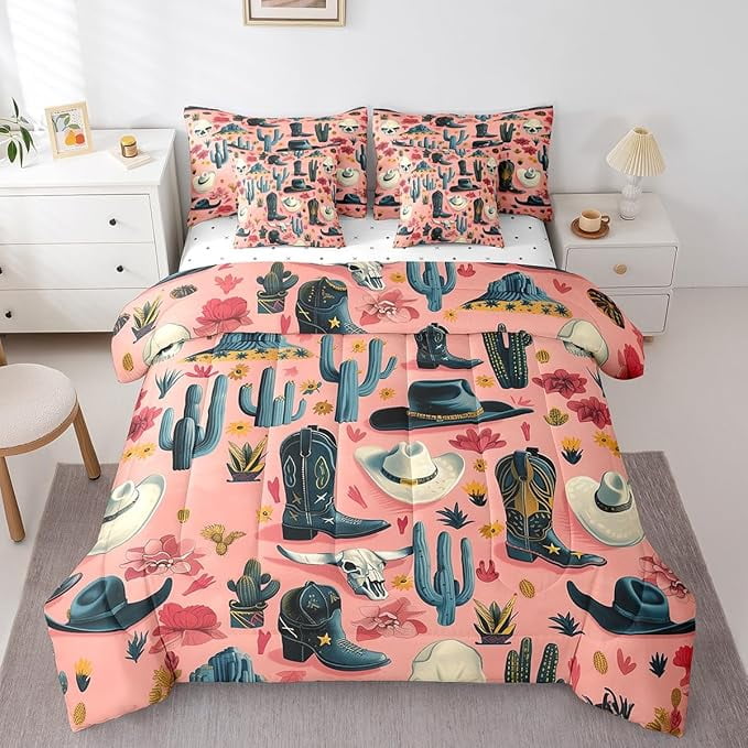 Erosebridal Pink Western Decor 7 Pieces Bedding Set West Cowboy Twin Comforter Set with Sheets Rodeo Cowboy Style Bed in a Bag Grunge Design Bed Set