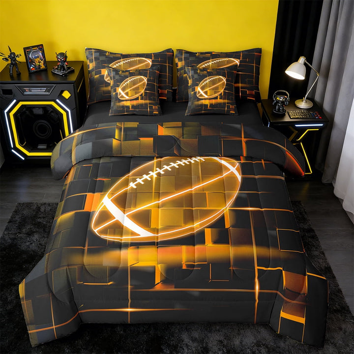 Erosebridal Orange Rubgy Bedding Twin Size,Modern Geometric Grid Comforter Sets with Sheets,Glowing Neon Light Bedding Sets Twin Size For Teens,Breathable Room Decor Reversible,7pcs