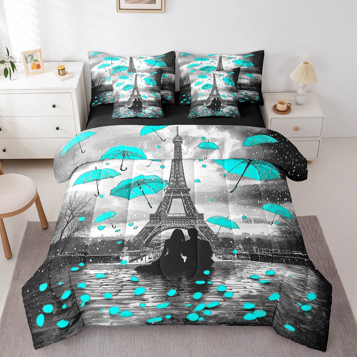 Turquoise Eiffel Tower Comforter Set King Size,French Paris Bed in a Bag for Couple Lovers Women,Romantic Valentine&