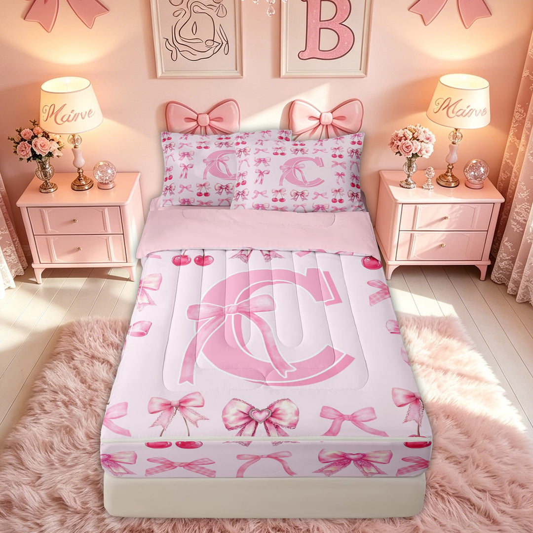 meiyoeat Cherry Bow Letter C Zipper Comforter Set with Fitted Sheet and 2 Pillowcases for Girls, Fruit Ribbon Zipper Bedding Set, Hot Pink, Pink Reversible, 3-Piece