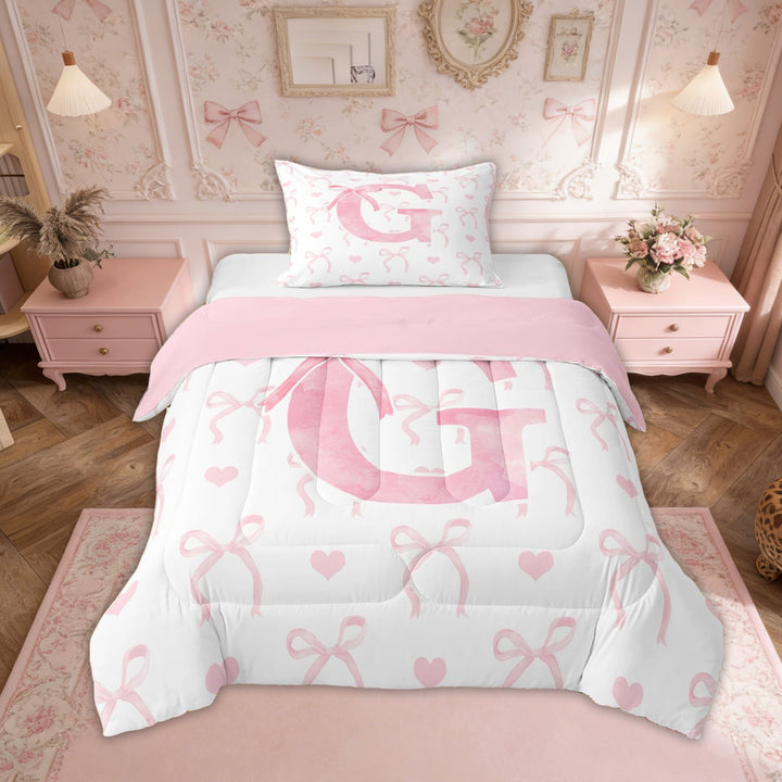 Erosebridal Initial G Letter Bedding Sets Twin with Comforter, Cute Bowknot Duvet Insert, Dreamy Princess Decor, Reversible 2pcs