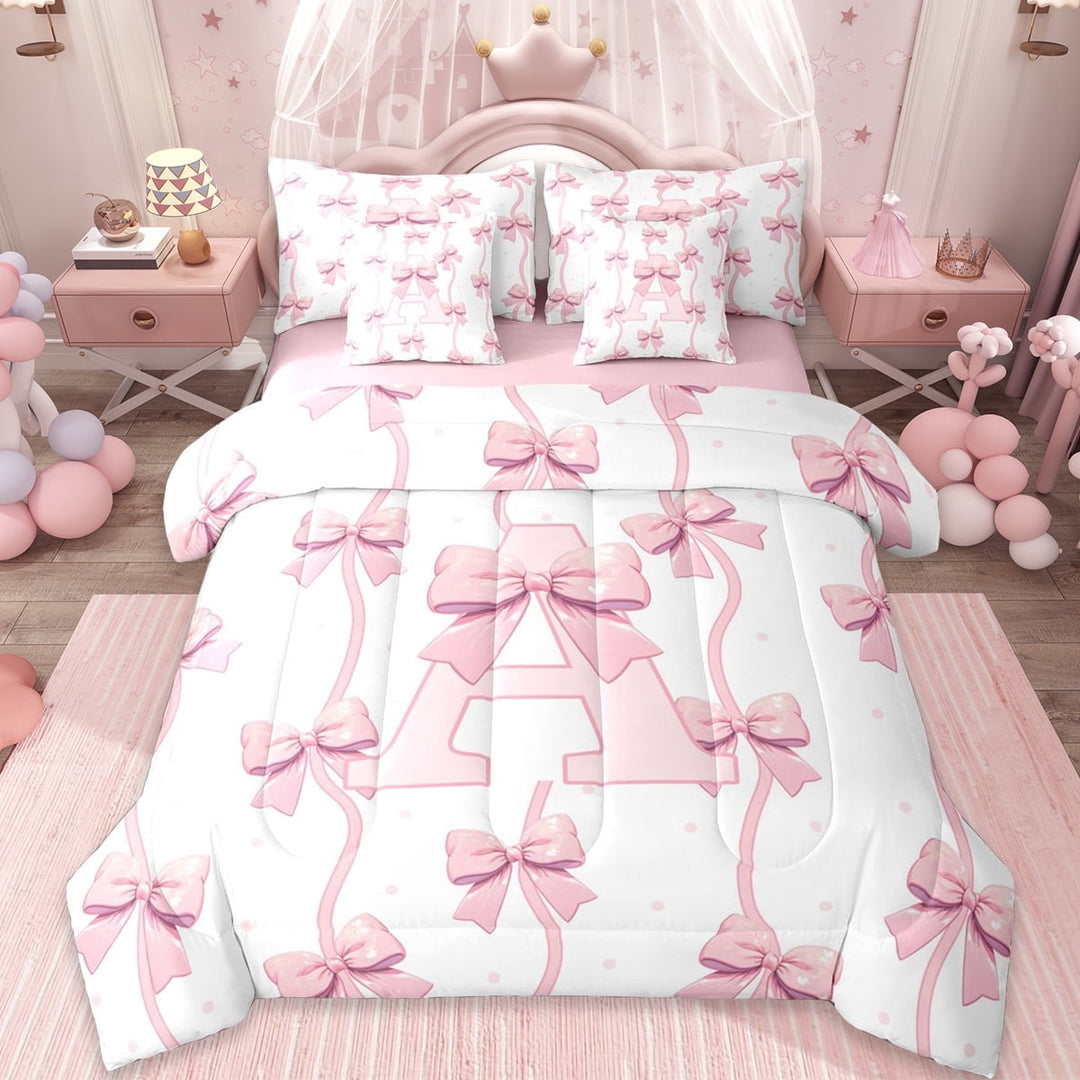 Erosebridal Cute Coquette Bowknot 7-Piece Twin Bedding Sets,Girls Pink A Alphabet Bedding Comforter Set For Bowtie Lovers,Reversible