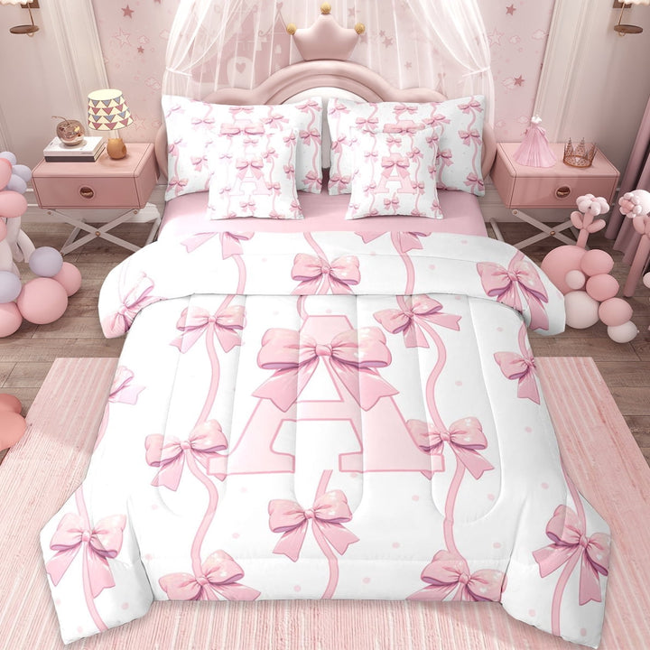 Erosebridal Cute Coquette Bowknot 7-Piece Twin Bedding Sets,Girls Pink A Alphabet Bedding Comforter Set For Bowtie Lovers,Reversible