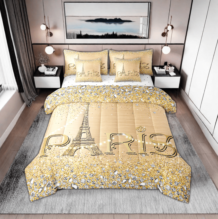 Golden Sequins Comforter Set Queen Women,Glitter Eiffel Tower Bed in A Bag,(Not Real)Diamond Bedding Sets,Girly Paris Reversible Bed Sets with Sheet Set