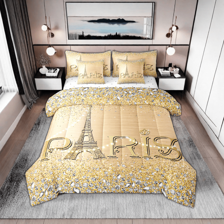 Golden Sequins Comforter Set Queen Women,Glitter Eiffel Tower Bed in A Bag,(Not Real)Diamond Bedding Sets,Girly Paris Reversible Bed Sets with Sheet Set