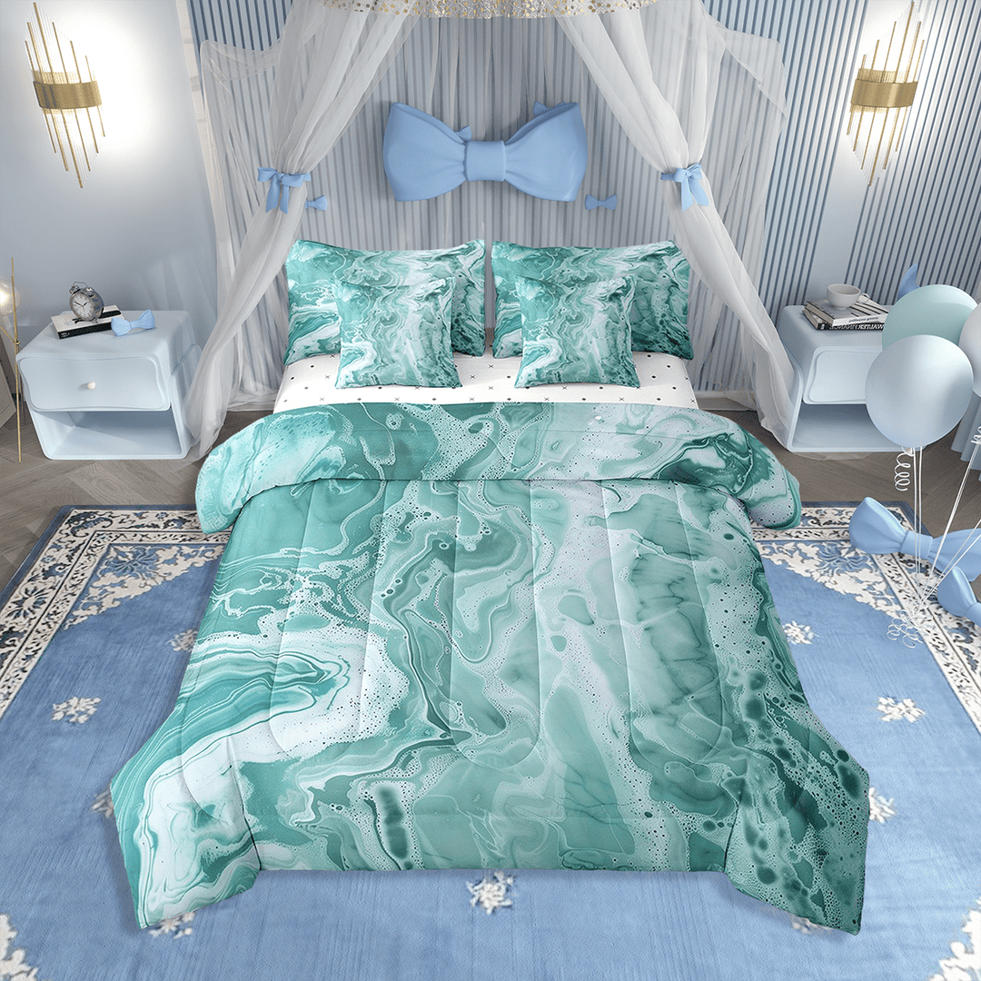 Teal Marble Full Comforter Set 7 Piece Abstract Marbling Bed In A Bag With Sheets For Women Men,Turquoise Ocean Wave Bedding Set,Marble Grain Theme Sheet Set With Comforter