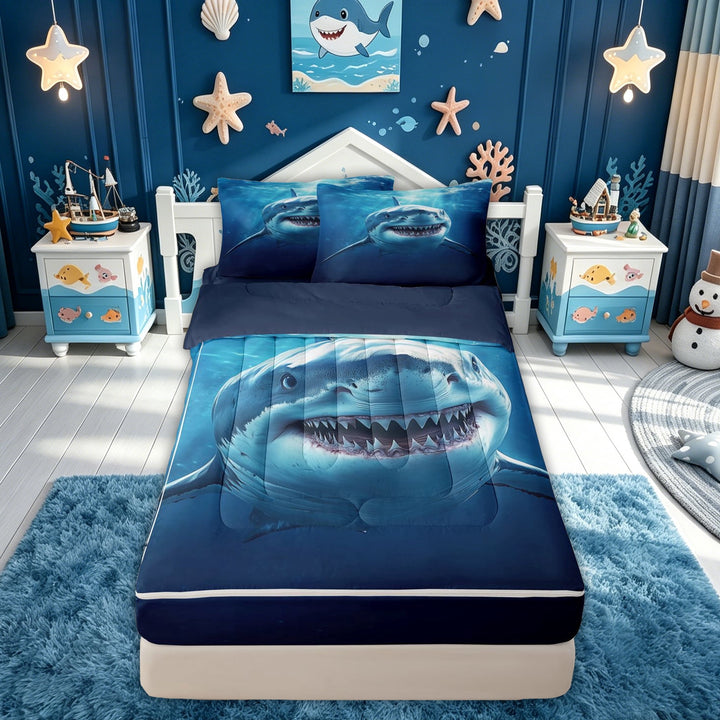 meiyoeat 3D Sea Shark Zipper Full Size Comforter Sets with Fitted Sheet and 2 Pillowcases for Boys Kids, Blue Ocean Wildlife Zipper Bedding Set, Blue Reversible, 4 Pieces