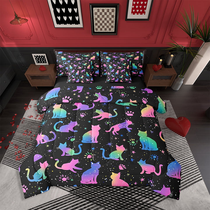 Erosebridal 7Pcs Kawaii Cat Bedding Full Size Cute Kitten Animal Comforter Set, Black and Pink Bedding Comforter Sets Super Cozy 7 Pieces
