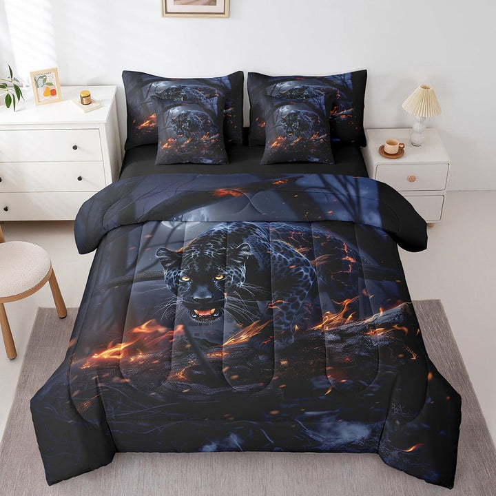Cheetah Bed in a Bag Queen Comforter Set 7 Piece,Black Leopard Print Bedding Sets Jungle Big Cat Wildlife Fitted&amp;nbsp;Sheet,Wild Woodland Animals Sheet Set with Comforter