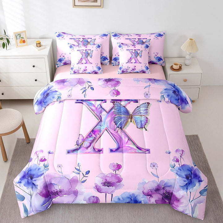 Erosebridal Letter X Bedding Sets Twin Size,Watercolor Butterfly Comforter Sets with Sheets,Tir-Dye Floral Bed in a Bag Twin Size For Girls Kids,Ultra Soft Bedroom Decorative Reversible,7-Piece