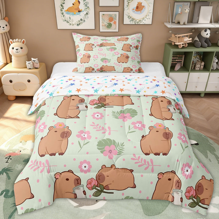 Erosebridal Floral Capybara Kids Twin Comforter Sets, Green Palm Leaf Bedding Set, 2 Pieces