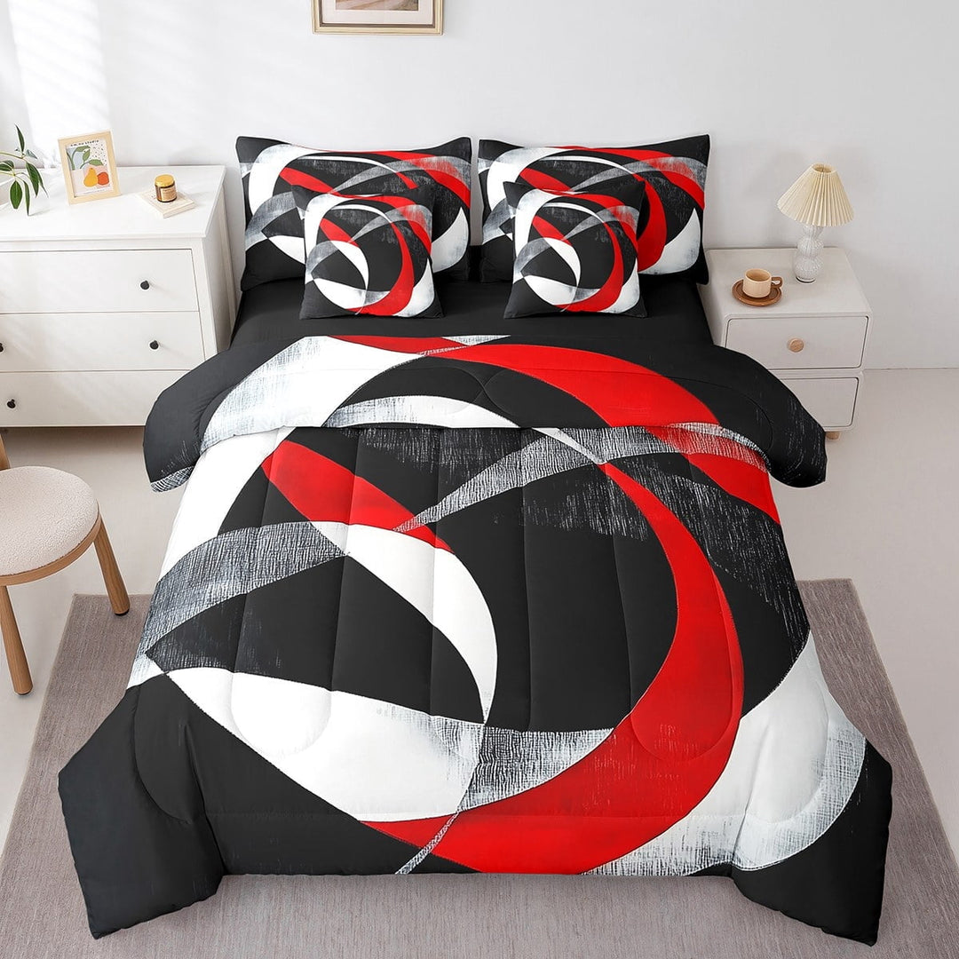 Erosebridal Red Circle Bedding Sets Twin Size,Geometric Stripes Comforter Sets with Sheets,Round Lines Bed in a Bag Twin size,Ultra Soft Abstract Bedroom Decorative,Reversible,7pcs