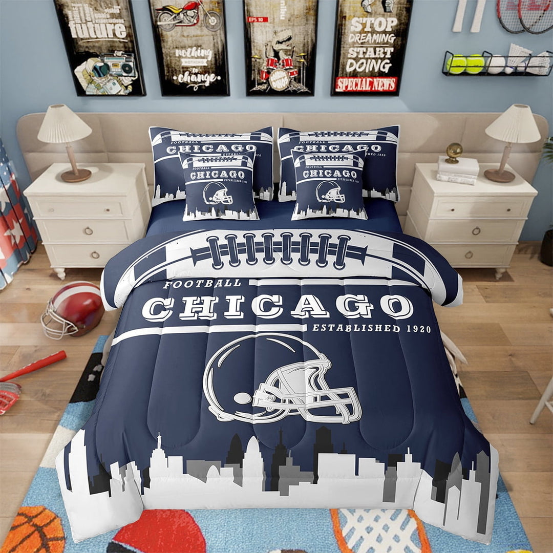 Football Bed in a Bag Full 7 Piece,Sports Bedding Sets,American Football Fans Bed Set Rugby Player Navy Blue Grey Comforter Set with Sheets Football Lovers Sheets (Chicago)