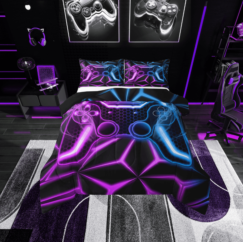 Erosebridal Gradient Gamepads Bedding Twin Comforter Set,Video Game Down Comforter,Geometric Plaid Bedding Sets Twin with Comforter,Microfiber Male Bedroom Decor,Reversible,2-Piece