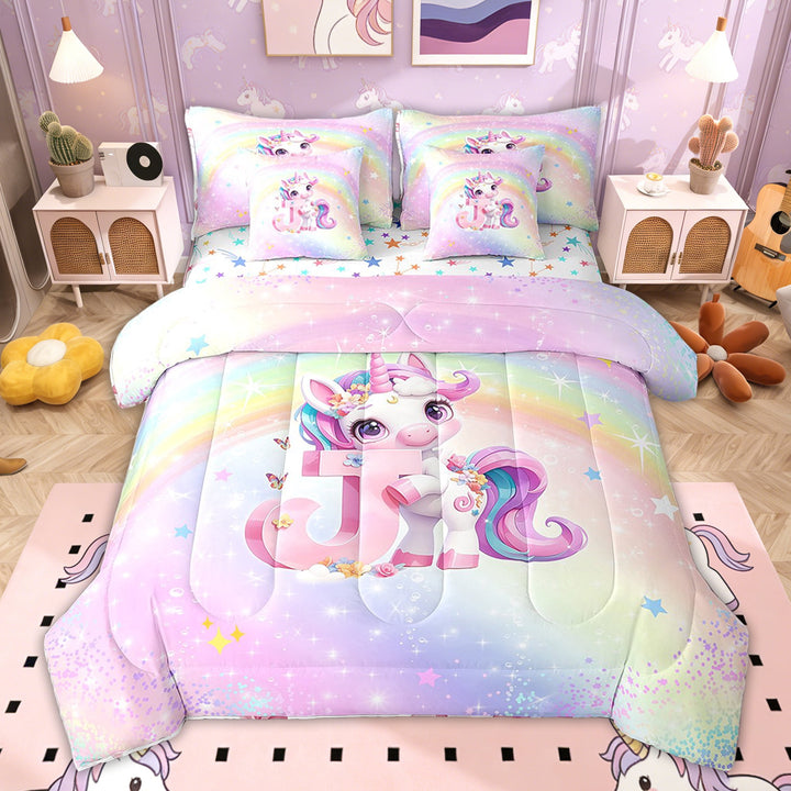 Erosebridal Pink Unicorn Bedding Twin Size for Kids, Flower J Letter Bedding Sets Twin Size, Colorful Stars Reversible 7-Piece