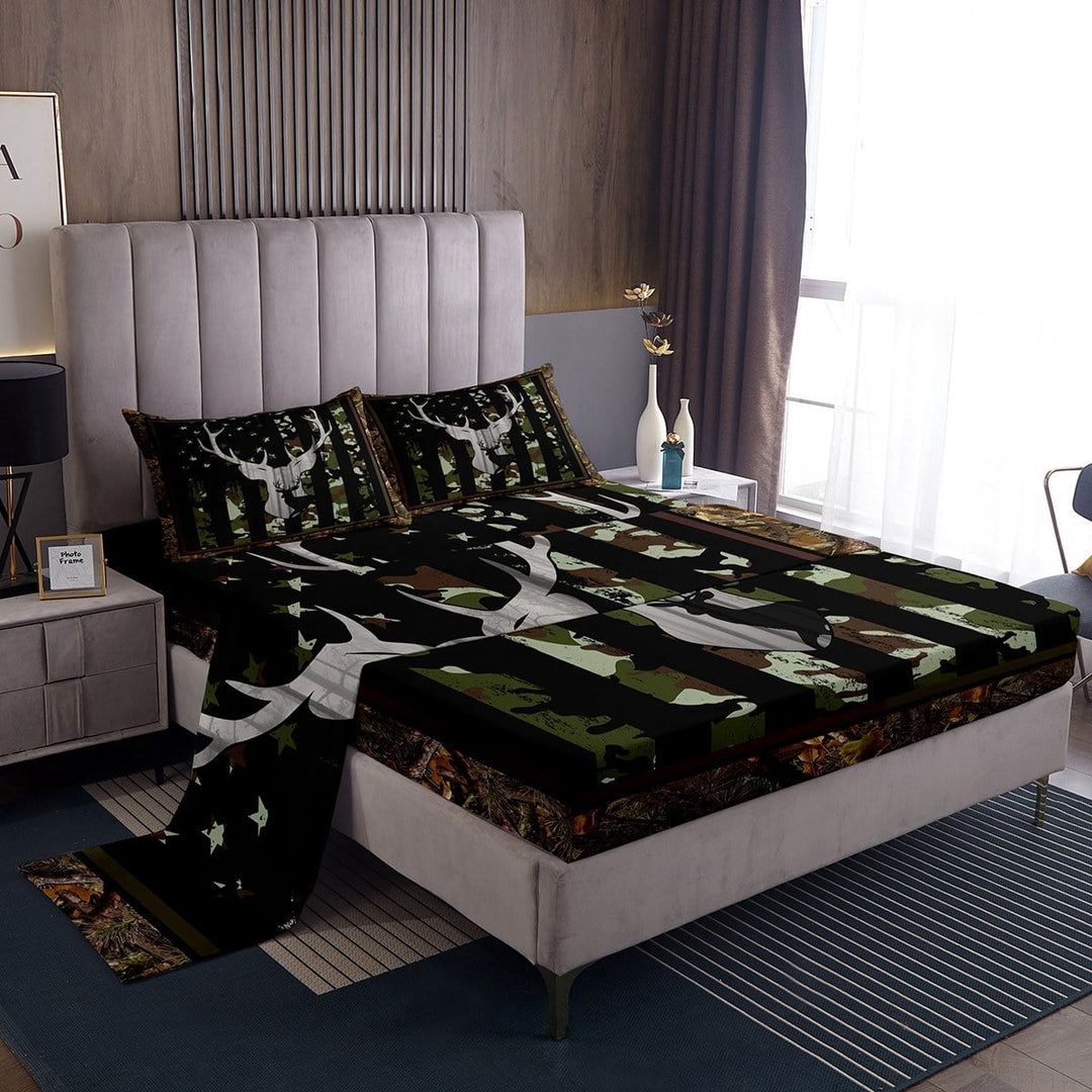 Camo Green Sheet Set American Flag Bed Sheets Set, Camouflage Hunting Deer Animal Print Sheets Twin Rustic Branches Leaves Farmhouse Style Flat Fitted Sheet 3 Pieces