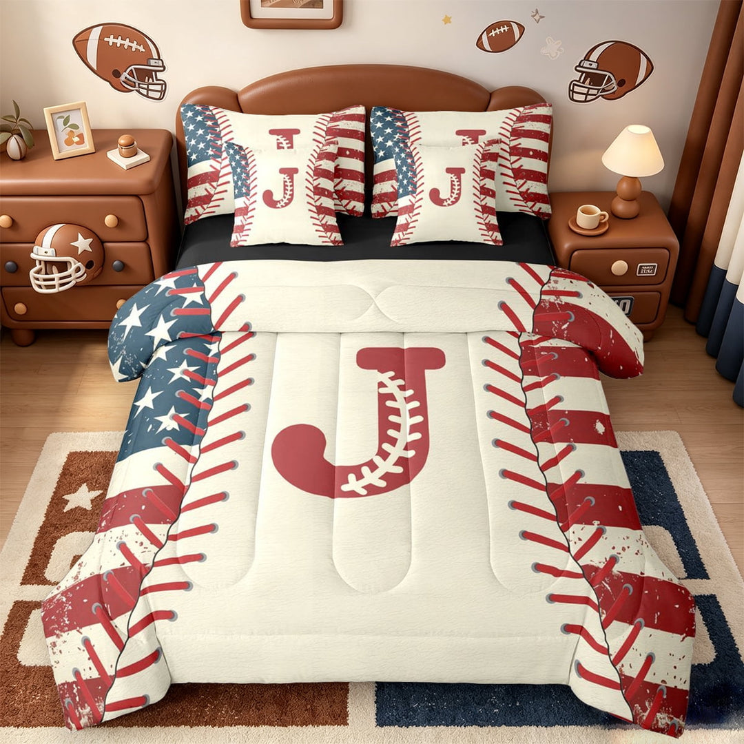 jejeloiu Monogrammed J Letter 7 Pieces Bedding Comforter Set,Cartoon Baseball Print Full Bedding Set For Boys Men Reversible
