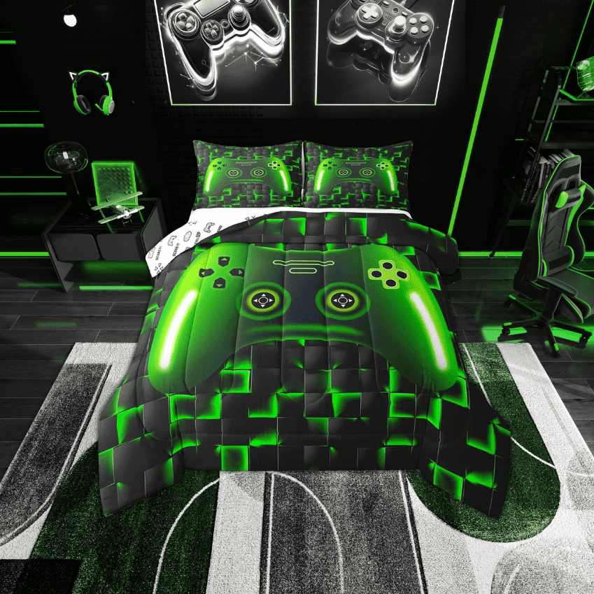 yst Full Size Game Console Comforter Set Gamer Bedding,3D Gaming Geometric Check Lightweight Soft Bedding Sets,Neon Green Gamepad Bed Comforter,Black