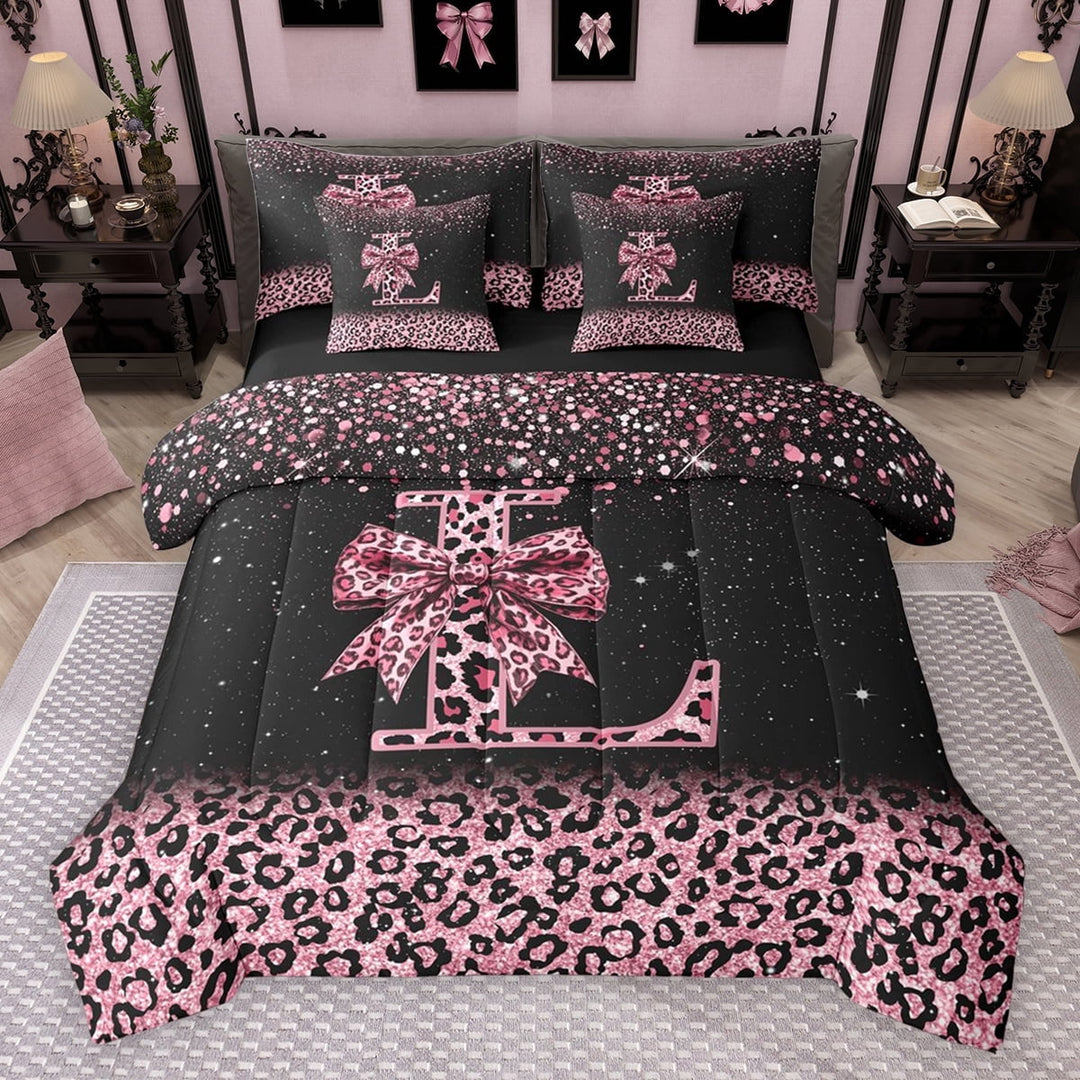 Erosebridal Cute Pink Leopard Print Twin Bedding Sets for Girls, Bowknot Letter L Bedding Comforter Set, Black Reversible 7 Pieces