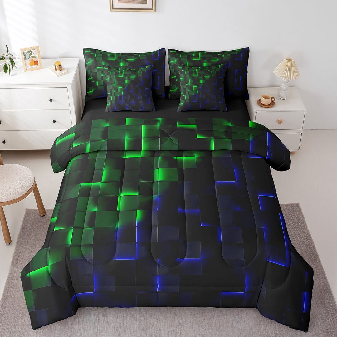 Erosebridal Futuristic Cubes Bedding Sets Twin Size,Plaid Buffalo Comforter Sets with Sheets,Geometric Grid Bed in a Bag Twin size,Microfiber Gradient Room Decoration,Reversible,7pcs