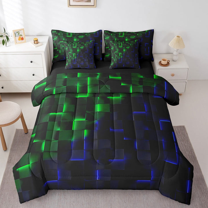 Erosebridal Futuristic Cubes Bedding Sets Twin Size,Plaid Buffalo Comforter Sets with Sheets,Geometric Grid Bed in a Bag Twin size,Microfiber Gradient Room Decoration,Reversible,7pcs