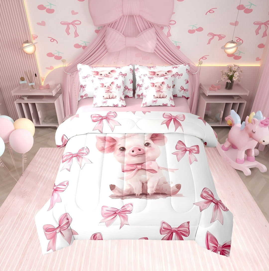 Erosebridal Pink Pig Comforter Sets Twin Size, Kawaii Animal Comforters &amp; Duvets, Princess Style Decor, Reversible 7 Pieces