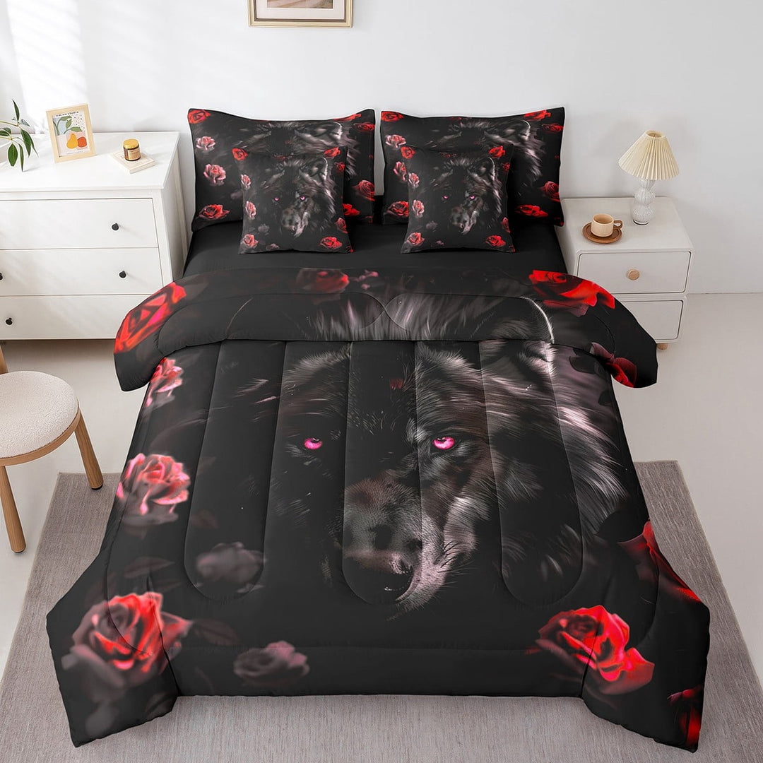 Black Wolf Comforter Set 7 Piece Bed in a Bag Twin,Red Rose Bedding Sets Romantic Flowers Bed Sheets,Wild Woodland Animals Sheet Set with Comforter
